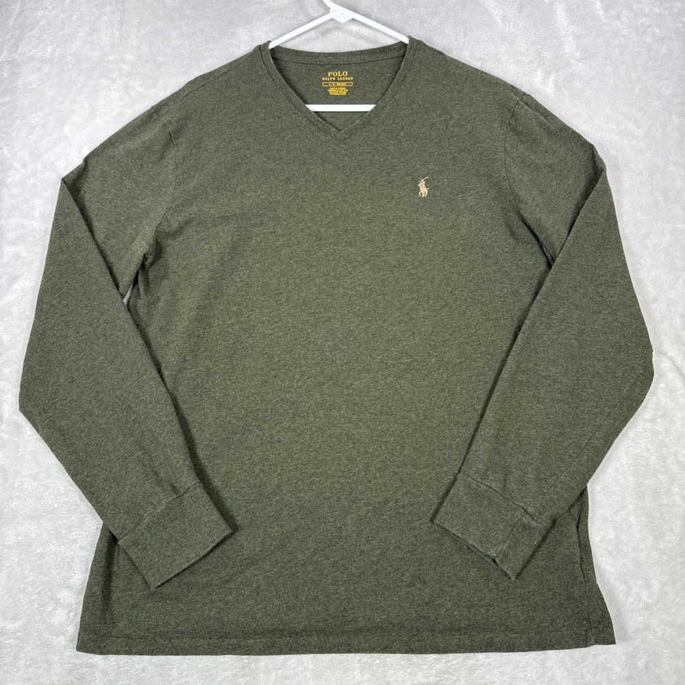 Polo Ralph Lauren Shirt Mens LG Green Long Sleeve V Neck Pony Logo Tee Tagless